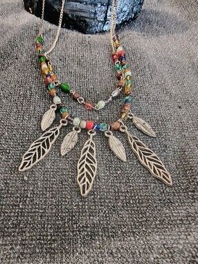 Bohemian Multi-Color Beaded Necklace with Silver Leaf Charms